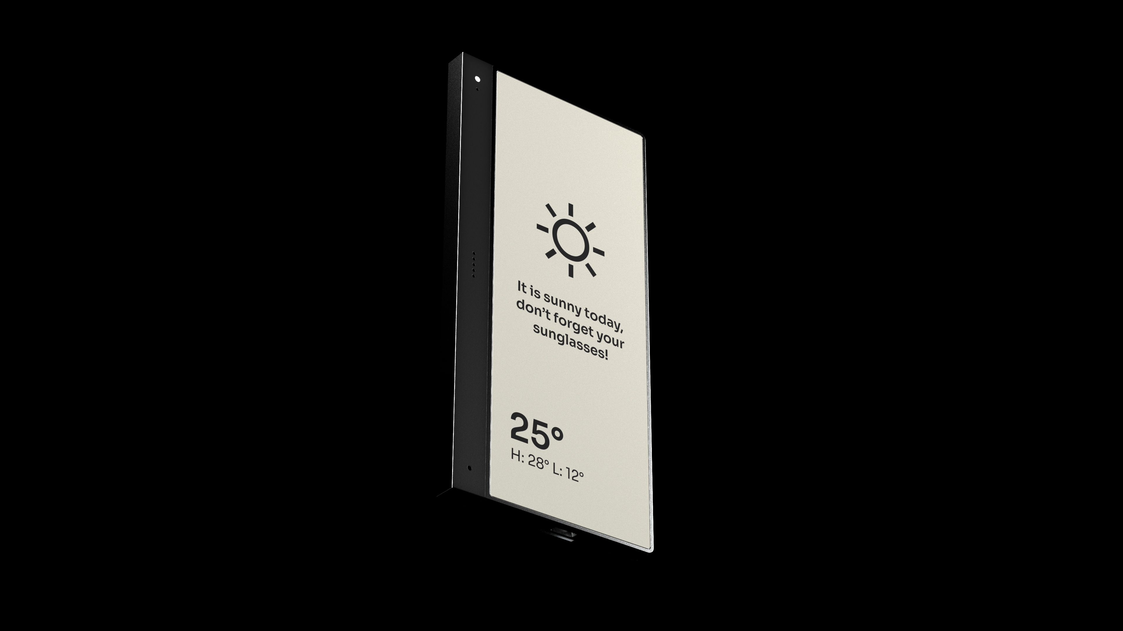 Smart e-ink assistant display showing a weather readout