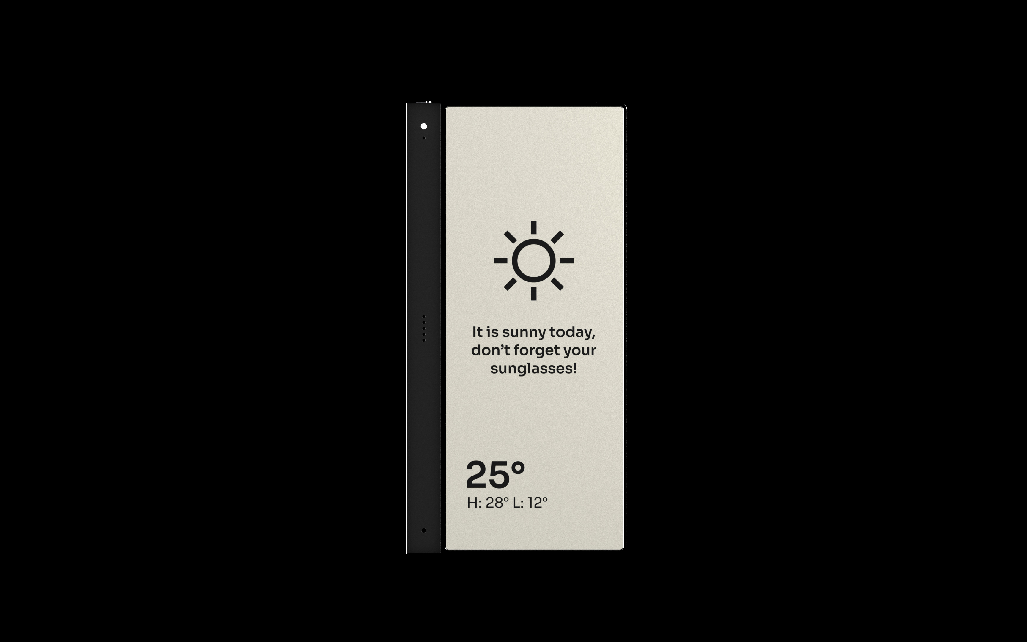 Smart e-ink assistant display showing a weather readout